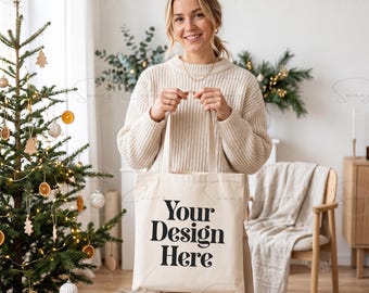 Christmas Tote Bag Mockup | Woman Holding Canvas Tote | Neutral Holiday Lifestyle Mockup | Minimal Xmas POD Mockup JPG