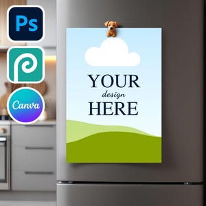 May include: A rectangular magnet with the text "YOUR design HERE" against a blue sky and green landscape background. A small dog figurine is attached to the top. The magnet is displayed on a refrigerator.