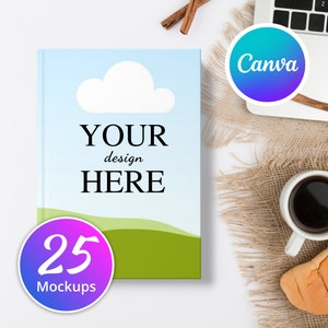 Puede incluir: Una maqueta de portada de libro con un fondo de cielo azul, una nube blanca y hierba verde. El texto "YOUR design HERE" está en negro. Un círculo rosa y morado con el texto "25 Mockups" está en la esquina inferior izquierda.