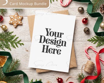 5 Christmas Card Mockups Bundle | 5x7 Holiday Invitation Mockup | Winter Greeting Card Flat Lay | Canva Etsy JPG Mockups