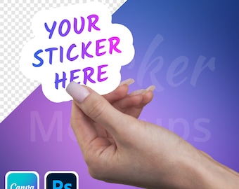 May include: A hand holding a white sticker with the text "YOUR STICKER HERE" in pink and purple lettering.