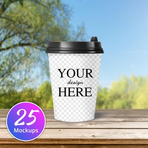 Bundel met 25 koffiekopjes, mockup van transparante PNG-achtergrond, bewerken in Canva, Photoshop, mockup van aangepaste papieren bekers