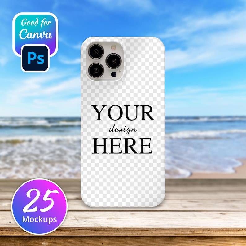 May include: White iPhone case mockup with a transparent back panel. The case is on a wooden surface with a blurred background of a beach and ocean. The text "YOUR design HERE" is printed on the case.