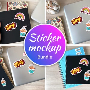 May include: A sticker mockup bundle featuring various stickers with the words "Hey" and "power" along with a rainbow and a coffee cup design. The stickers are displayed on a laptop, notebooks, and a spiral-bound journal.