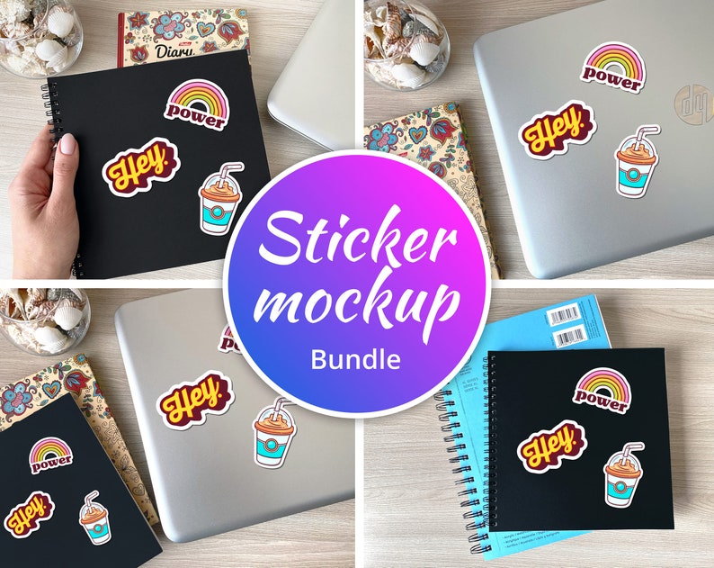 May include: A sticker mockup bundle featuring various stickers with the words "Hey" and "power" along with a rainbow and a coffee cup design. The stickers are displayed on a laptop, notebooks, and a spiral-bound journal.