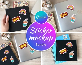 May include: A sticker mockup bundle featuring a variety of colorful stickers. The stickers include a rainbow with the word "power", a coffee cup, and the word "Hey". The stickers are displayed on a black notebook and a laptop.