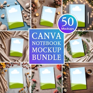 May include: A selection of spiral-bound notebooks featuring a sky and landscape design. The notebooks are displayed with decorative items such as flowers, shells, and candles. The image includes the text "CANVA NOTEBOOK MOCKUP BUNDLE" and "50 Mockups".
