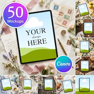 May include: A digital tablet display mockup featuring a landscape graphic with a white cloud and green hills, surrounded by vintage stationery, postage stamps, a fountain pen, and floral accents. The screen displays the text YOUR design HERE.