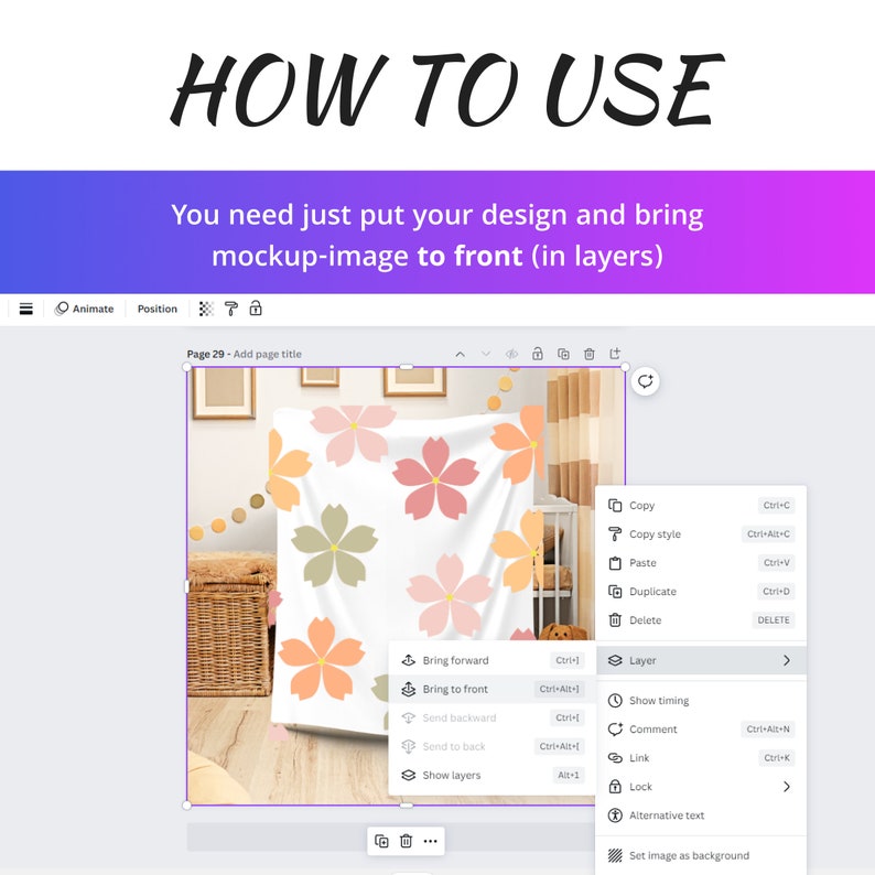 Puede incluir: Una pantalla de ordenador que muestra una maqueta de una manta de tiro floral rosa y verde en un ambiente de guarder&iacute;a. La pantalla muestra una herramienta de dise&ntilde;o con opciones para copiar, pegar, duplicar, eliminar, llevar al frente, llevar al frente, enviar hacia atr&aacute;s, enviar al fondo, mostrar capas, mostrar tiempo, comentar, vincular, bloquear, texto alternativo y establecer la imagen como fondo.