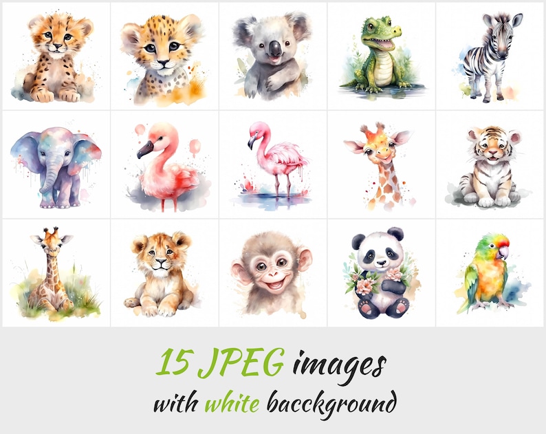 Baby Animals Clipart PNG Bundle - 15 Transparent Watercolor Animal ...