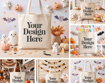 5 Halloween Tote Bag Mockups Bundle | Cute Ghost Canvas Tote Mockup | Pastel Spooky Pumpkin Bag | Halloween POD Mockups JPG