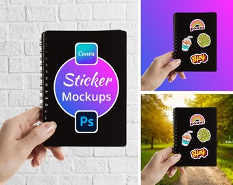May include: A black spiral notebook with a sticker mockup design. The notebook has a purple and blue circle with the text "Sticker Mockups" and a blue square with the text "Canva". The notebook also has a Photoshop logo.