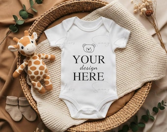 White Baby Bodysuit Mockup | Baby Onesie Flat Lay | Print-Ready JPG | Boho Neutral Baby Mockup | POD Product Photo