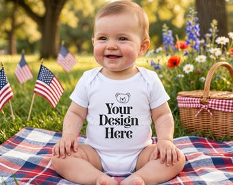 Baby Bodysuit Mockup | USA Patriotic Baby Onesie Mockup | White Baby Bodysuit JPG | 4th of July / American Flag Mockup | Print on Demand