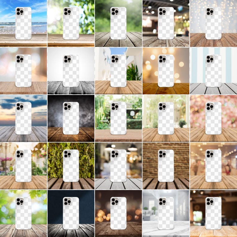 May include: A collage of 36 images showcasing different phone case designs. Each image features a white iPhone with a clear phone case, set against a variety of backgrounds.