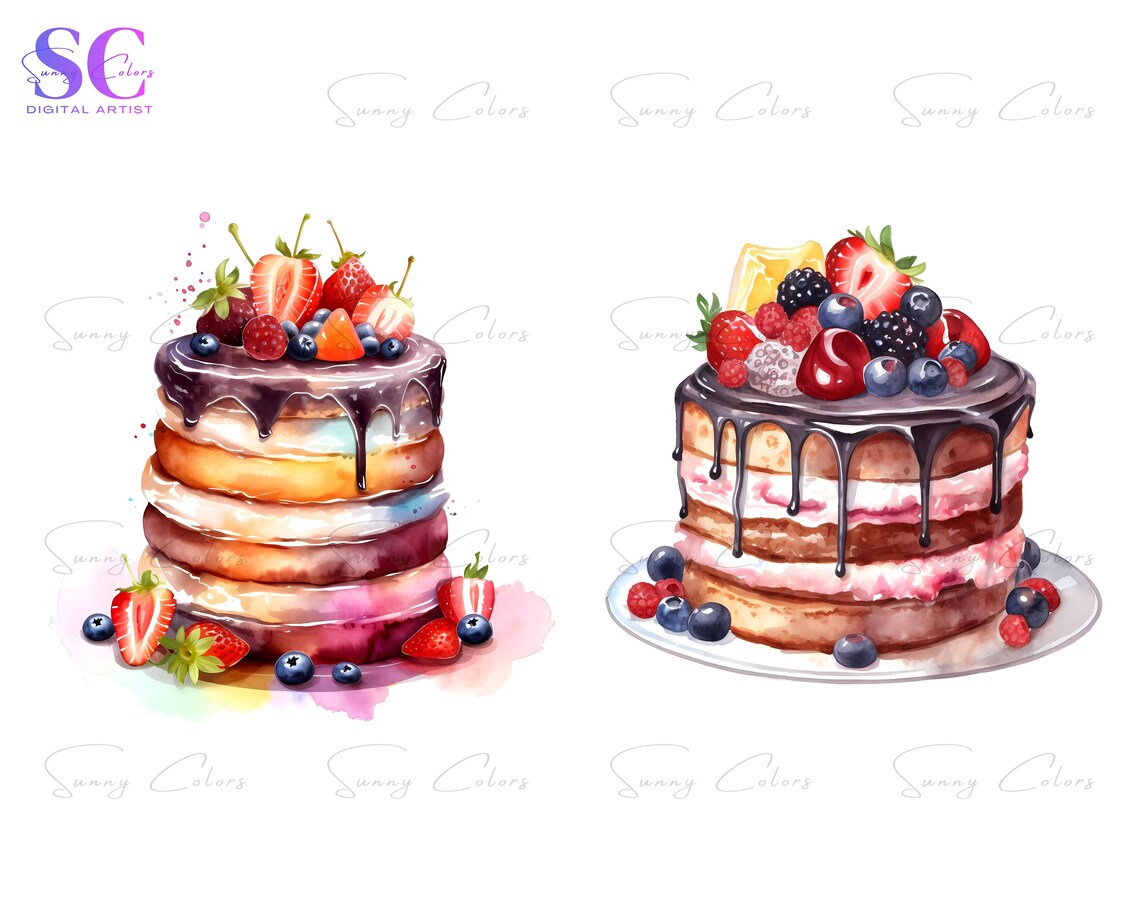 Watercolor Birthday Cakes Clipart Bundle, 15 High Quality Jpgs ...