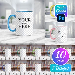 Puede incluir: Una maqueta de 10 tazas de diferentes colores con un fondo blanco y un área transparente para agregar un diseño. El texto "YOUR design HERE" está en la taza. El texto "Good for Canva Ps" está en una taza amarilla. El texto "10 Colores 5 Diseños" está en un círculo rosa.