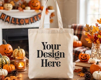 Halloween Tote Bag Mockup | Natural Canvas Tote Mockup | Fall Autumn Pumpkin Bag | Cozy Halloween POD Mockup | Blank Tote JPG