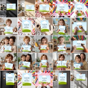 May include: A rectangular paper print featuring a light blue sky with a white cloud above a green landscape, with the text YOUR DESIGN HERE printed in black. The design is shown in various settings including on a refrigerator and held by children.