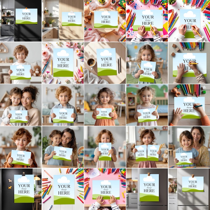 May include: A rectangular paper print featuring a light blue sky with a white cloud above a green landscape, with the text YOUR DESIGN HERE printed in black. The design is shown in various settings including on a refrigerator and held by children.