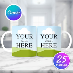 May include: Two white ceramic mugs with a blue sky and green grass design. The mugs have the text "YOUR design HERE" on them.