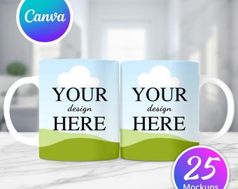 May include: Two white ceramic mugs with a blue sky and green grass design. The mugs have the text "YOUR design HERE" on them.