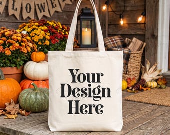 Halloween Tote Bag Mockup | Natural Canvas Tote Mockup | Fall Autumn Pumpkin Bag | Cozy Halloween POD Mockup | Blank Tote JPG