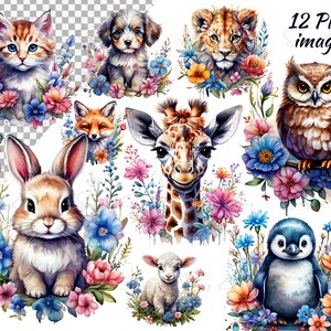 Bébés animaux avec des fleurs Clipart Bundle 12 PNG - Aquarelle PNG Graphiques transparents Clipart, Fabrication de cartes, utilisation commerciale