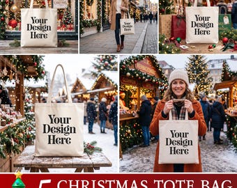 Christmas Tote Bag Mockup Bundle | 5 Natural Canvas Tote Mockups | Winter Holiday Bag Mockup | Xmas Market Lifestyle POD Mockups JPG
