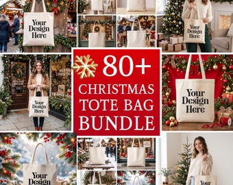 80+ Christmas Tote Bag Mockups Bundle | Holiday Canvas Tote Mockup | Winter Market Woman Lifestyle | Xmas POD JPG