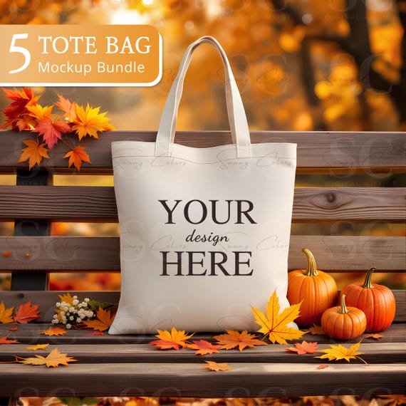 5 Fall Tote Bag Mockup Bundle, Autumn Lifestyle Natural Cotton Canvas Tote Bag Mockups, Shopping bag, Boho Minimal Mockups, Modern Mockups