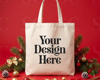Christmas Tote Bag Mockup | Natural Canvas Tote Mockup | Red Holiday Background | Festive Xmas Bag Mockup | Christmas POD Mockup JPG