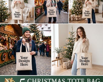 5 Christmas Tote Bag Mockups Bundle | Woman Holding Canvas Tote | Neutral Holiday Lifestyle | Winter Xmas POD Mockups JPG