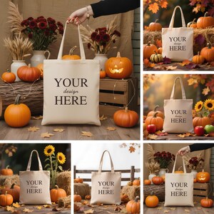 5 hösttygväskor Mockup Bundle, Höstlivsstil Naturlig Bomull Canvas Tygväska Mockups, Shoppingväska, Boho Minimalistiska Mockups, Moderna Mockups bild 2