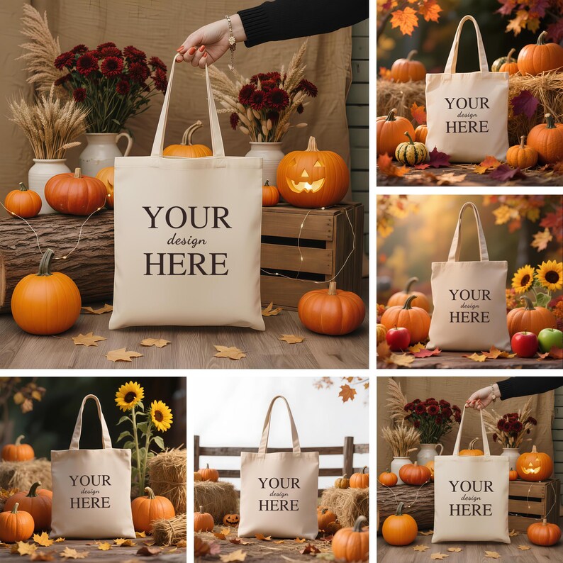 5 hösttygväskor Mockup Bundle, Höstlivsstil Naturlig Bomull Canvas Tygväska Mockups, Shoppingväska, Boho Minimalistiska Mockups, Moderna Mockups bild 2