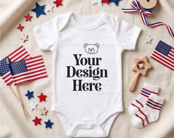 Baby Bodysuit Mockup | USA Patriotic Baby Onesie Mockup | White Baby Bodysuit JPG | 4th of July / American Flag Mockup | Print on Demand