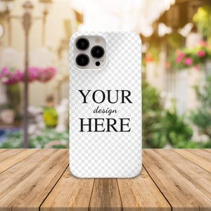 May include: White phone case with a clear back and a black camera bump. The case has the text "YOUR design HERE" printed on the back.