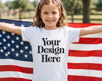 Patriotic Kids T-Shirt Mockup | White Youth Tee Mockup | American Flag Girl Model | 4th of July Shirt JPG | USA Lifestyle POD Mockup