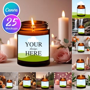 25 bärnstensfärgade ljusburkar i Canva, mockup av sojaljus, anpassade ljusmodeller, Canva-mall, mockup, redigering i Canva