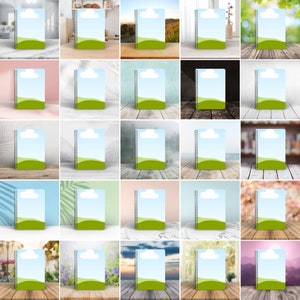 May include: A collection of 25 mockups of a spiral bound notebook with a blue and green design. The notebook has a white cloud and a green hill design. The mockups are displayed on various backgrounds, including wood, stone, and floral.