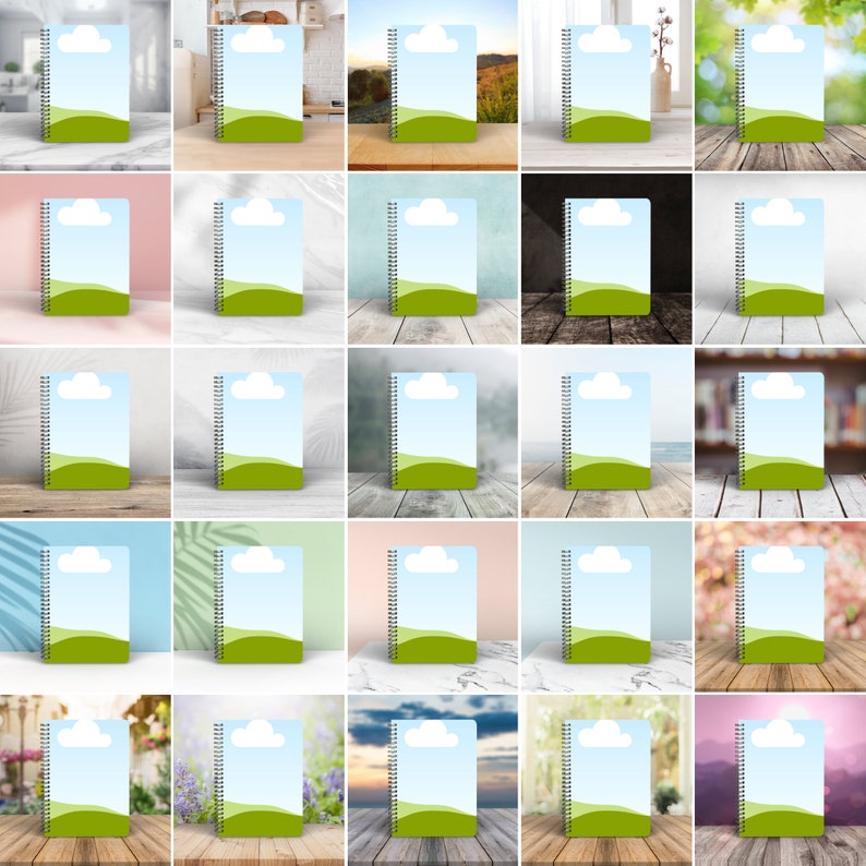 May include: A collection of 25 mockups of a spiral bound notebook with a blue and green design. The notebook has a white cloud and a green hill design. The mockups are displayed on various backgrounds, including wood, stone, and floral.