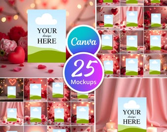 Puede incluir: Una colección de 25 maquetas de San Valentín con un fondo rosa salpicado de pétalos de rosa, corazones y luces. Las maquetas son perfectas para mostrar tus diseños de tarjetas, invitaciones u otros productos de San Valentín. El texto "YOUR design HERE" se muestra en varias de las maquetas.