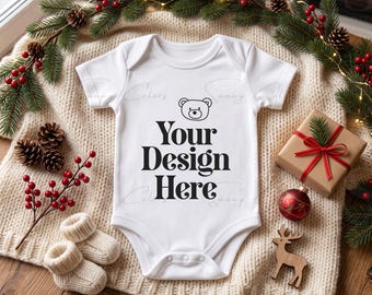 Christmas Baby Bodysuit Mockup | Baby's First Christmas Onesie Mockup | White Infant Romper | Cozy Holiday Baby Flat Lay | POD JPG