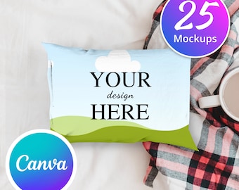 May include: A white pillow with a blue sky and green grass design. The pillow has the text "YOUR design HERE" on it. The pillow is on a white bed with a red and black plaid blanket.