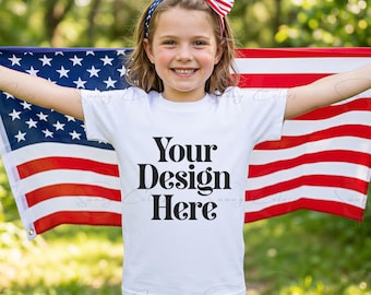 Patriotic Kids T-Shirt Mockup | White Youth Tee Mockup | American Flag Girl Model | 4th of July Shirt JPG | USA Lifestyle POD Mockup