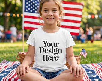 Patriotic Kids T-Shirt Mockup | White Youth Tee Mockup | American Flag Girl Model | 4th of July Shirt JPG | USA Lifestyle POD Mockup