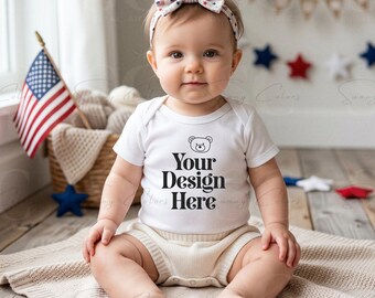 Baby Bodysuit Mockup | USA Patriotic Baby Onesie Mockup | White Baby Bodysuit JPG | 4th of July / American Flag Mockup | Print on Demand
