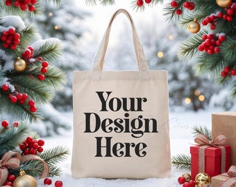 Christmas Tote Bag Mockup | Winter Snow Canvas Tote Mockup | Natural Holiday Bag | Festive Xmas Gift Tote | Christmas POD Mockup JPG