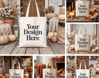 5 Fall Tote Bag Mockups Bundle | Neutral Autumn Canvas Tote Mockup | Cozy Pumpkin Beige Boho Bag | Fall POD Mockups JPG