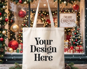 Christmas Tote Bag Mockup | Natural Canvas Tote Mockup | Winter Snow Holiday Bag | Festive Xmas Storefront | Christmas POD Mockup JPG